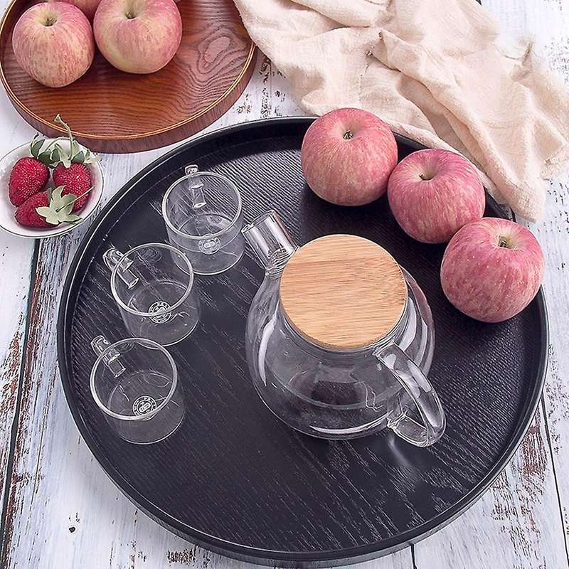 Round Solid Wooden Tea Table Tray Snack Food Chinese Tea Tray Black