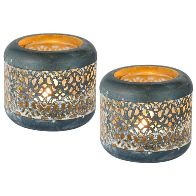 Vintage Metal and Glass Tea Light Holder, Hollow-out Design 2pcs