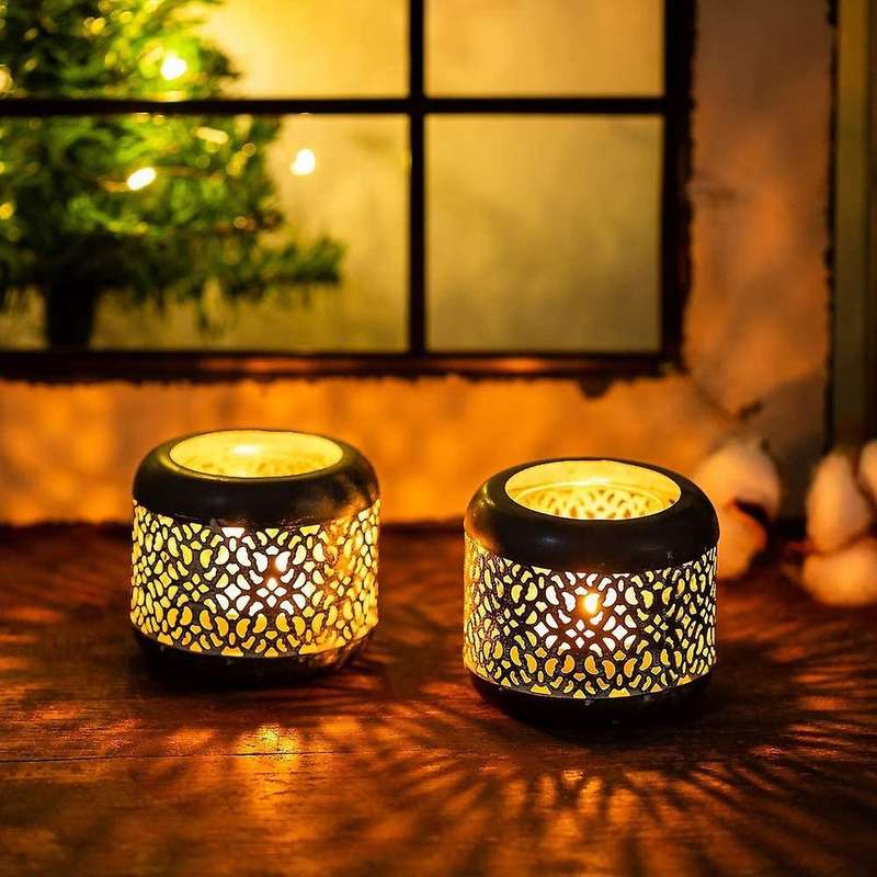 Vintage Metal and Glass Tea Light Holder, Hollow-out Design 2pcs
