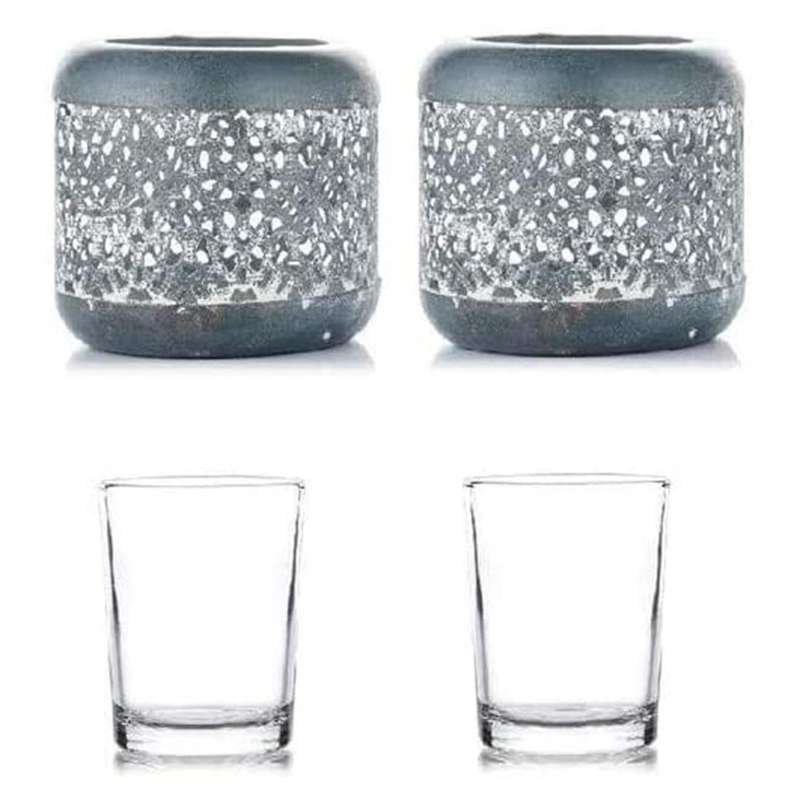 Vintage Metal and Glass Tea Light Holder, Hollow-out Design 2pcs