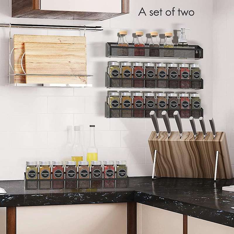 2 Pack Kitchen Counter-top Or Wall Mount Spice Rack, Black