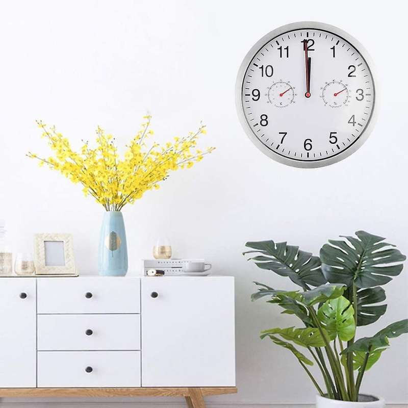 Metal Silent Quartz Wall Clock Quiet Sweep Movement Thermometer