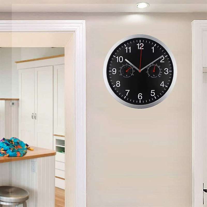 Metal Silent Quartz Wall Clock Quiet Sweep Movement Thermometer