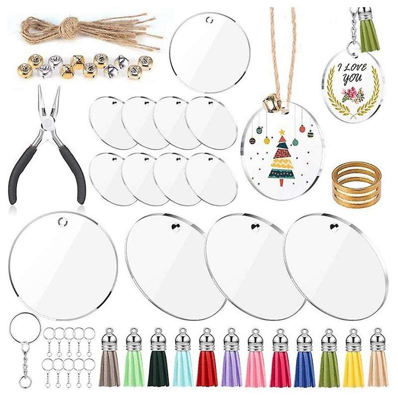 74pcs Acrylic Transparent Circle Discs,with Tassel Pendant