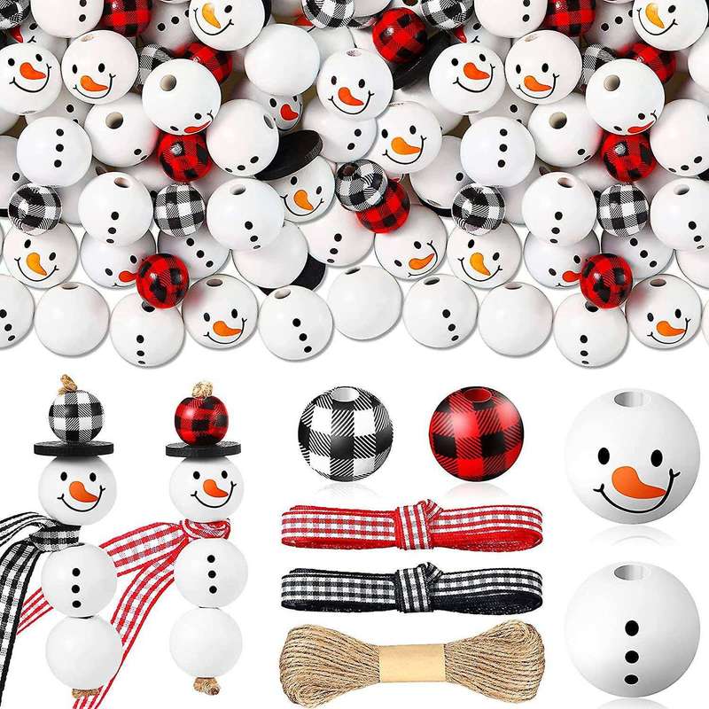 180 Pcs Christmas Buffalo Plaid Christmas Print Wooden Beads