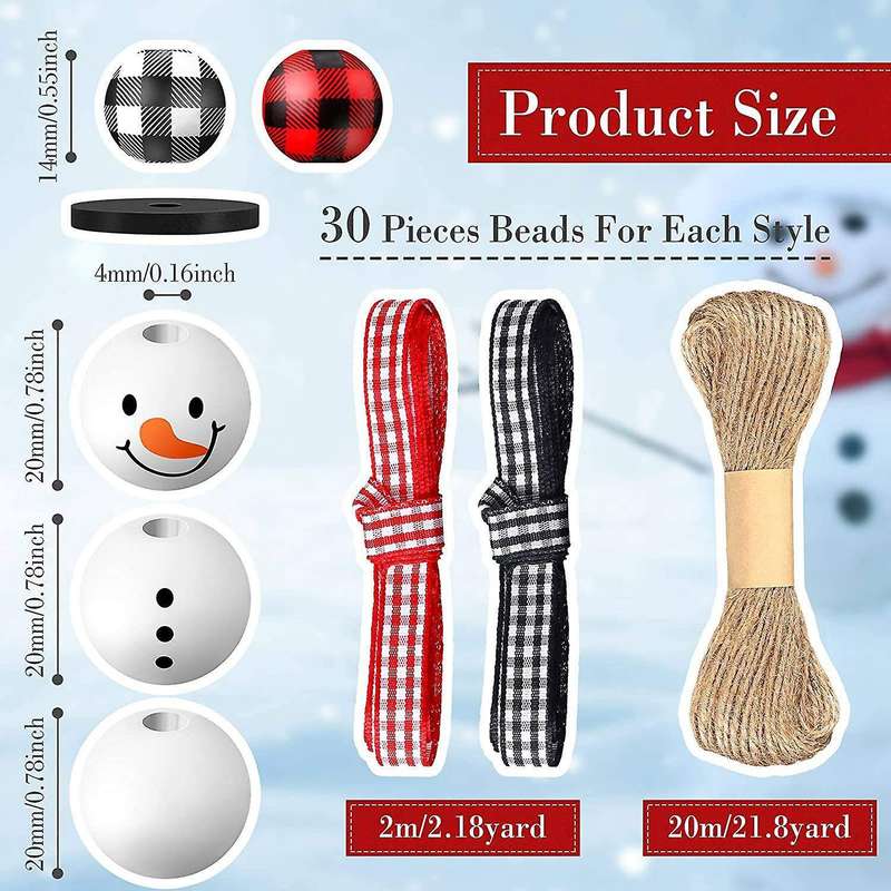 180 Pcs Christmas Buffalo Plaid Christmas Print Wooden Beads