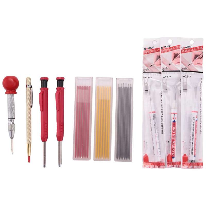 2pcs Carpenter Pencil, Center Punch Tool and 3 Deep Hole Marker Pens