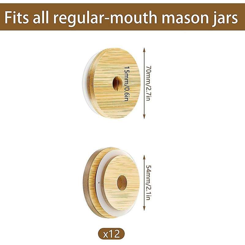 12 Pack Bamboo Mason Jar Lid with Straw Hole for 70mm Mason Jar