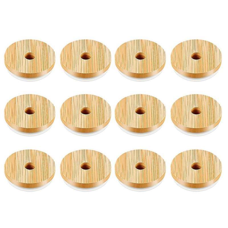 12 Pack Bamboo Mason Jar Lid with Straw Hole for 70mm Mason Jar