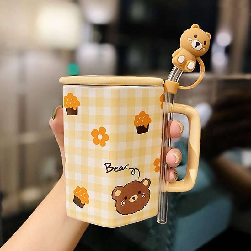 Cute Girl Mug with Strawberry Straws Ceramic Mug with Lid Red