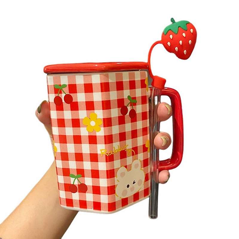Cute Girl Mug with Strawberry Straws Ceramic Mug with Lid Red