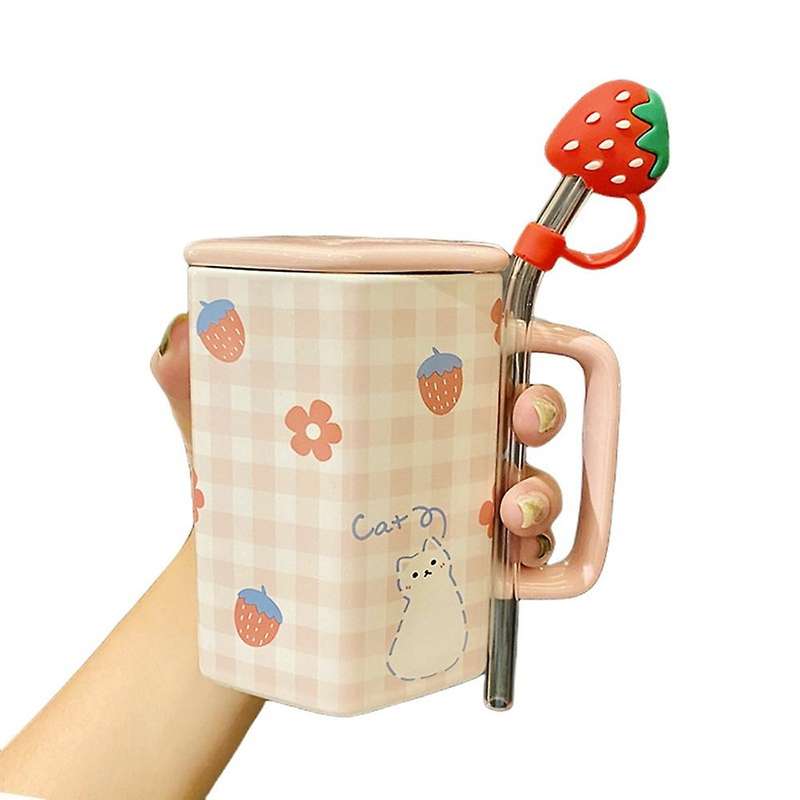 Cute Girl Mug with Strawberry Straws Ceramic Mug with Lid Pink