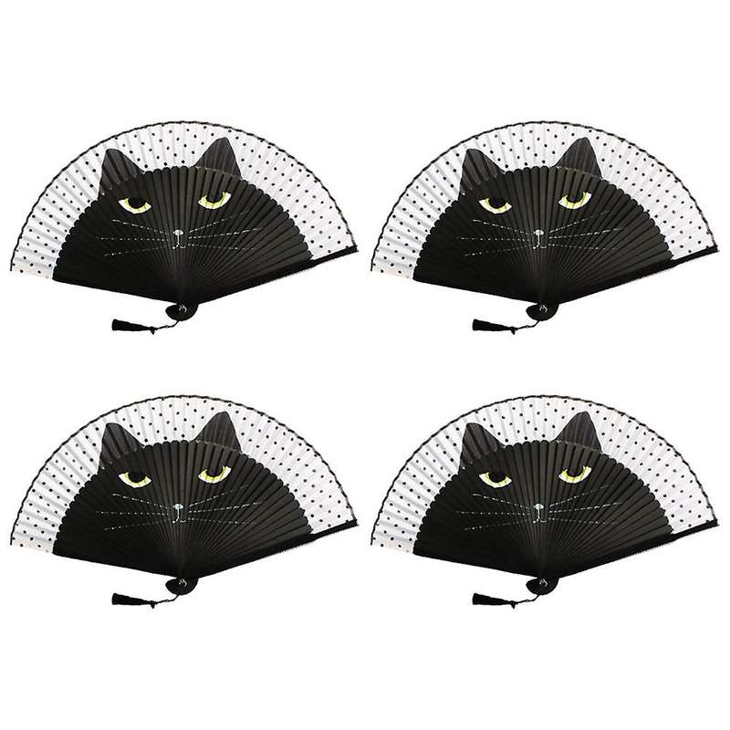 4pack Handheld Fan, Cartoon Cat Folding Silk Fan, with Elegant Tassel