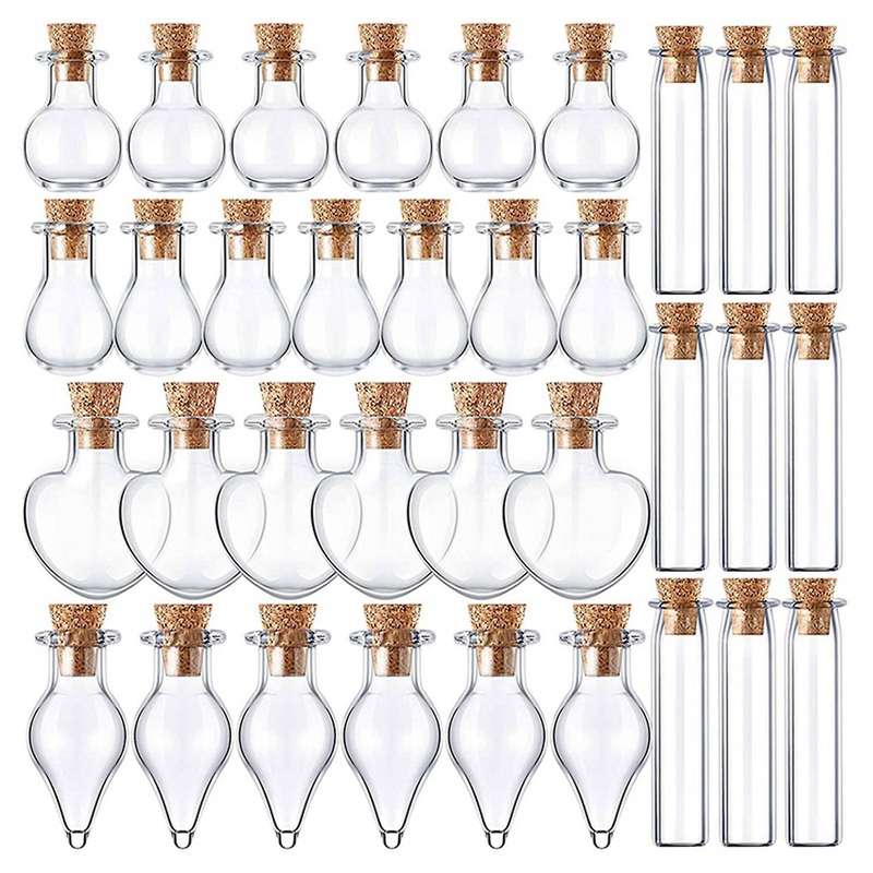 50 Pieces Mini Glass Jars Bottles with Cork Stoppers 5 Shapes Bottle