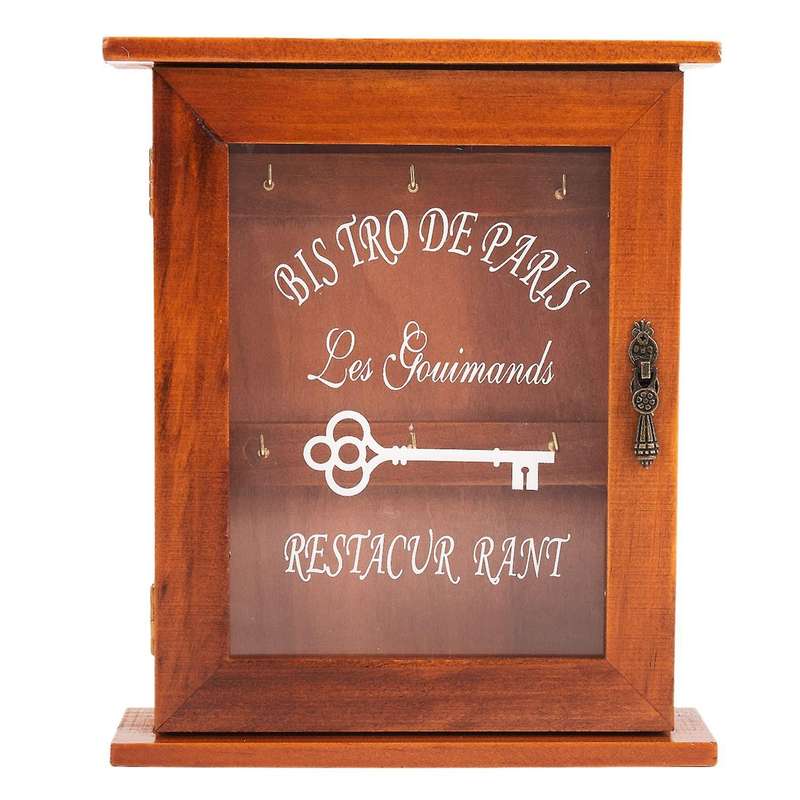 Wooden Key Storage Cabinet Key Holder Box with Hanging Hooks Brown
