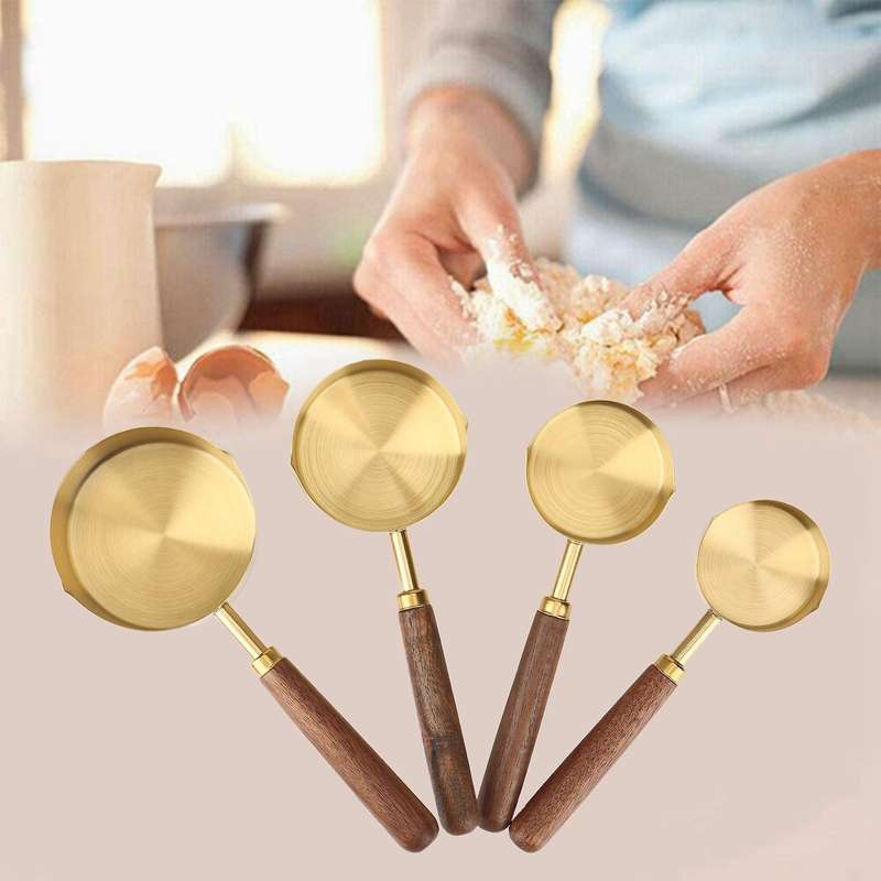 Kitchen Measuring Tool Plating Cups Spoon Walnut Wooden Handle Gold B