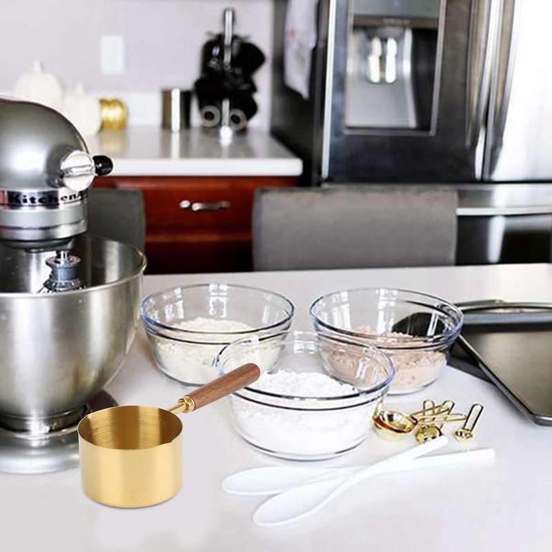 Kitchen Measuring Tool Plating Cups Spoon Walnut Wooden Handle Gold B