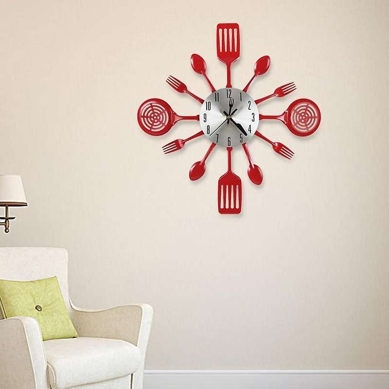 16 Inch Large Kitchen Wall Clocks with Spoons and Forks(red)