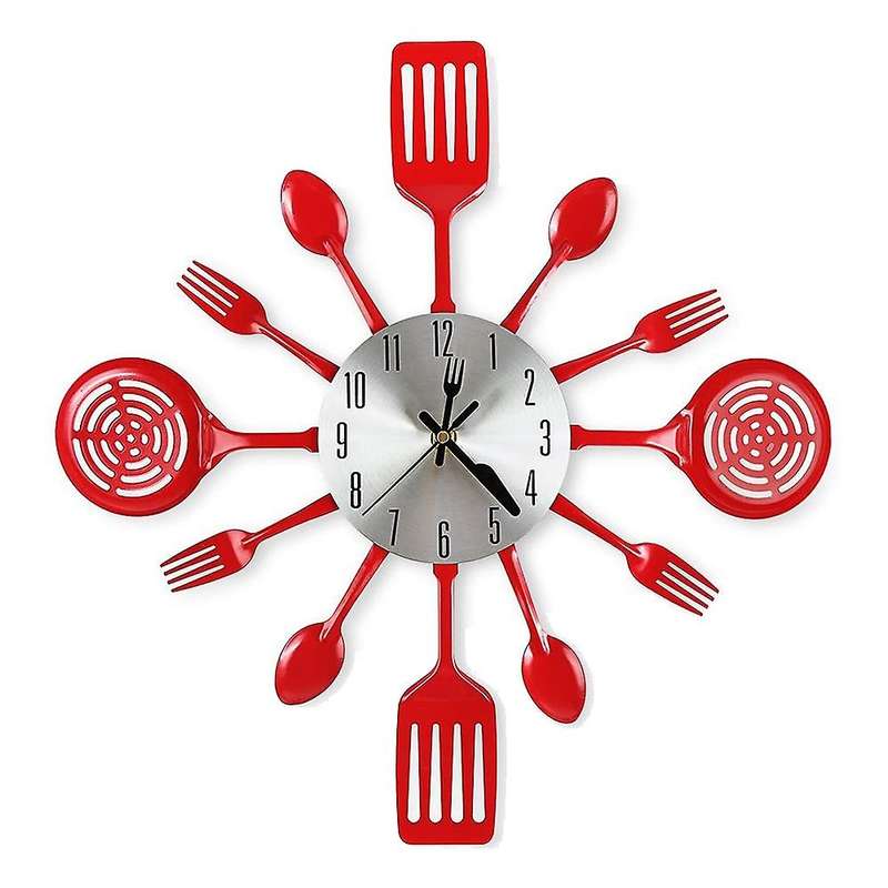 16 Inch Large Kitchen Wall Clocks with Spoons and Forks(red)