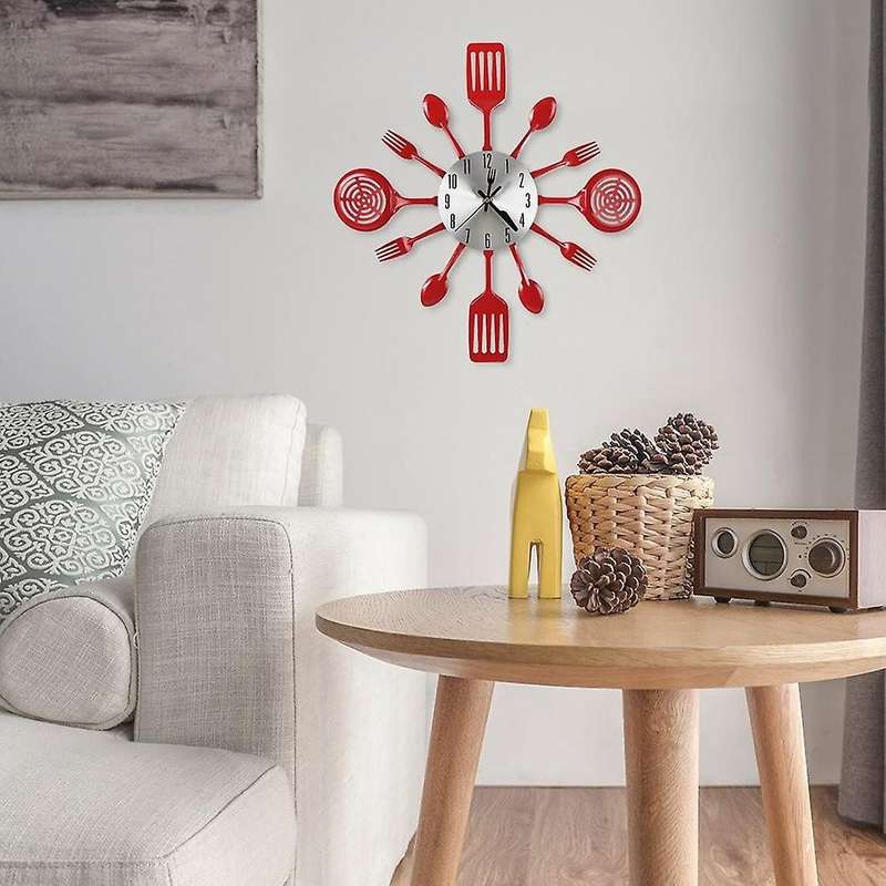16 Inch Large Kitchen Wall Clocks with Spoons and Forks(red)