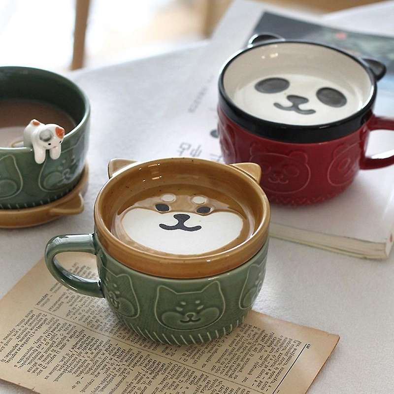 Japanese Cute Mug Creative Ceramic Shiba Inu Panda Coffee Cup (red)