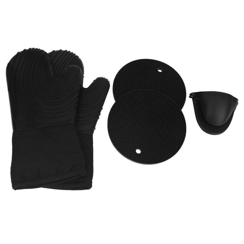 Oven Glove with Silicone Pot Holder and Cup Insulation Mat-black