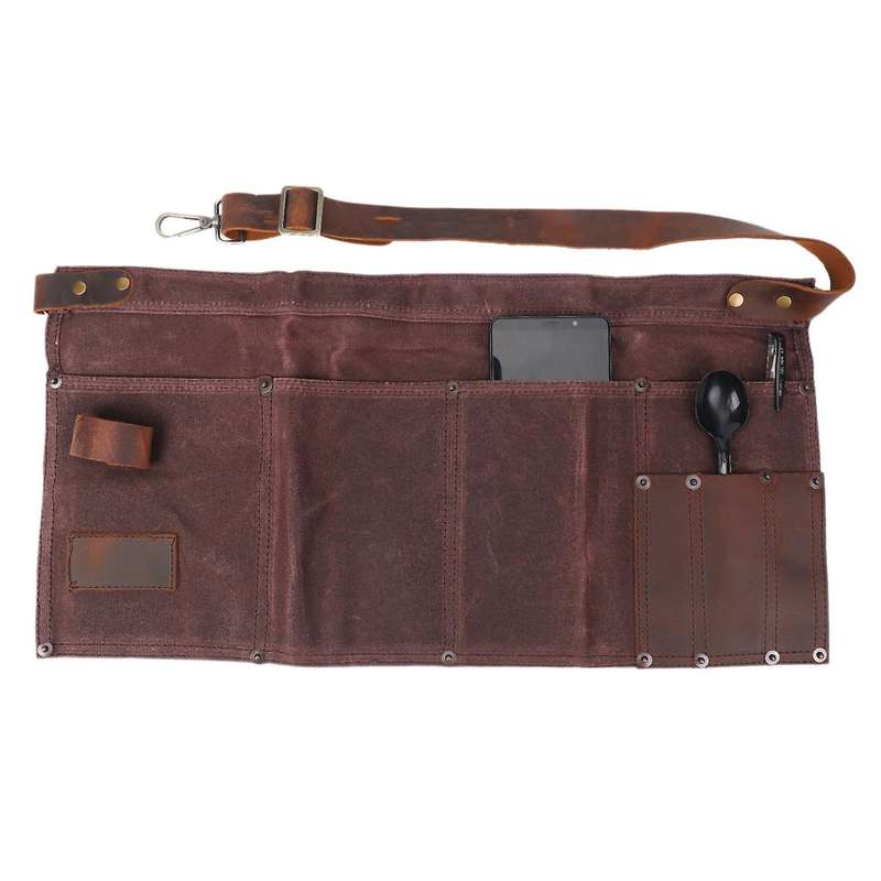Multi Pocket Apron for Women Real Leather Canvas Half Apron Coffee
