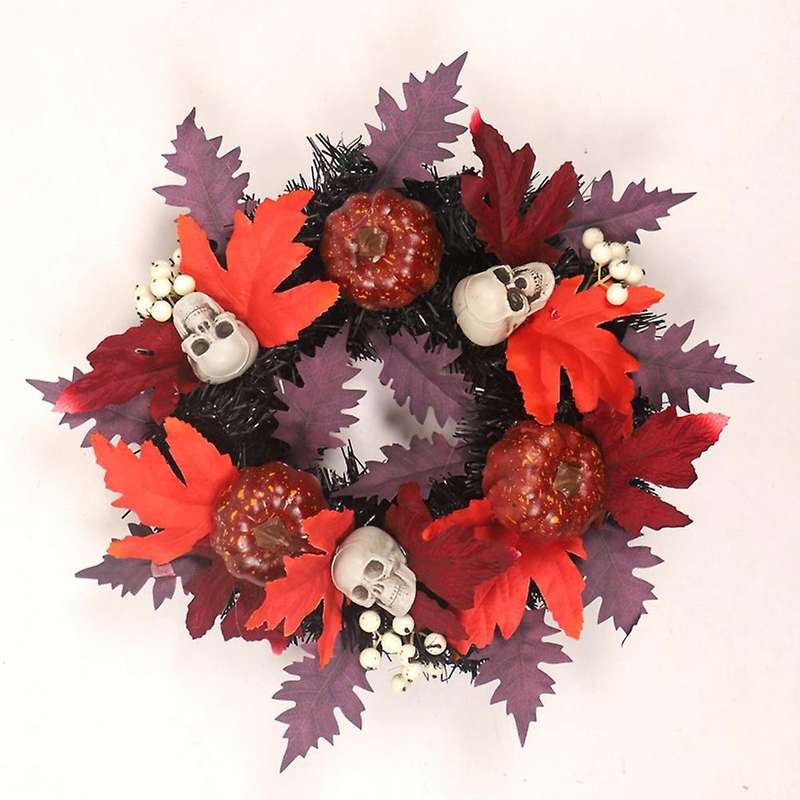 35cm Halloween Maple Leaf Garland Door Hanging Wreath with Skull