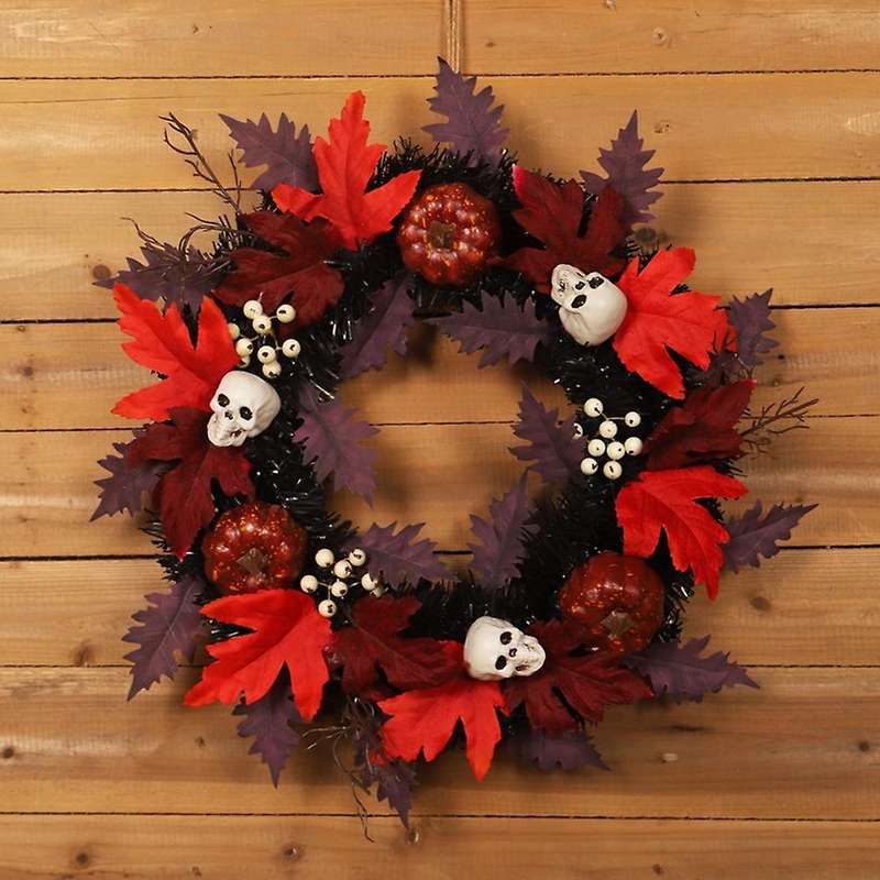 35cm Halloween Maple Leaf Garland Door Hanging Wreath with Skull