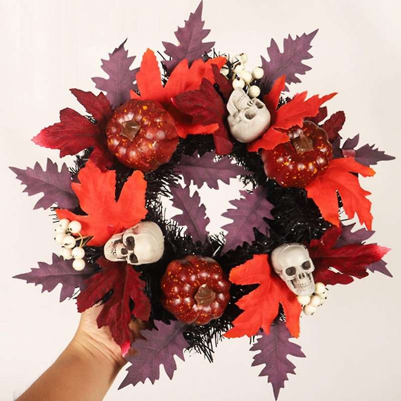 35cm Halloween Maple Leaf Garland Door Hanging Wreath with Skull