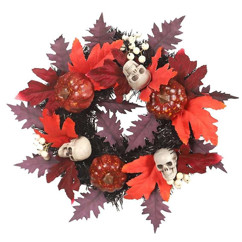 35cm Halloween Maple Leaf Garland Door Hanging Wreath with Skull