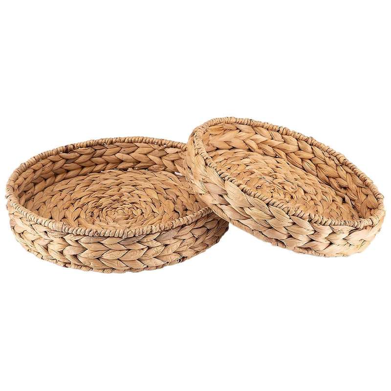 2pcs Round Braided Tray Made Of Water Hyacinth Set 33cm+28cm Diameter
