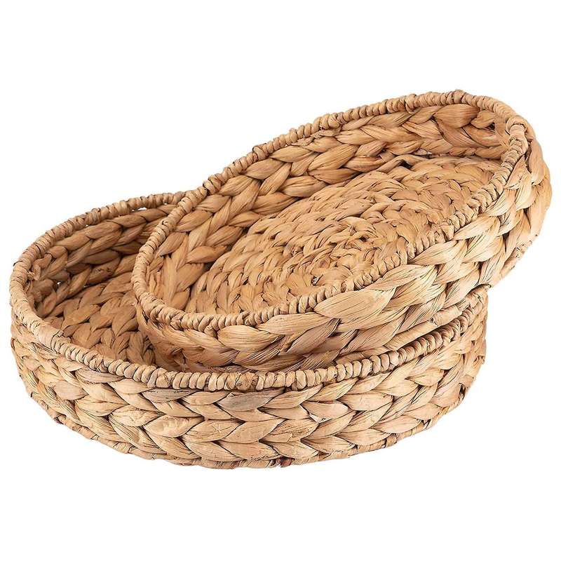 2pcs Round Braided Tray Made Of Water Hyacinth Set 33cm+28cm Diameter