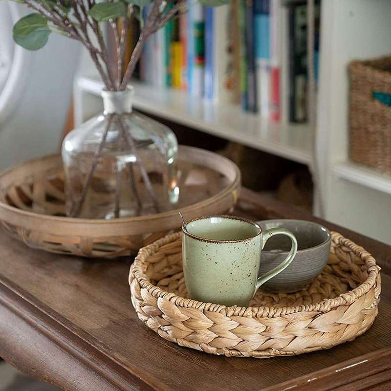 2pcs Round Braided Tray Made Of Water Hyacinth Set 33cm+28cm Diameter