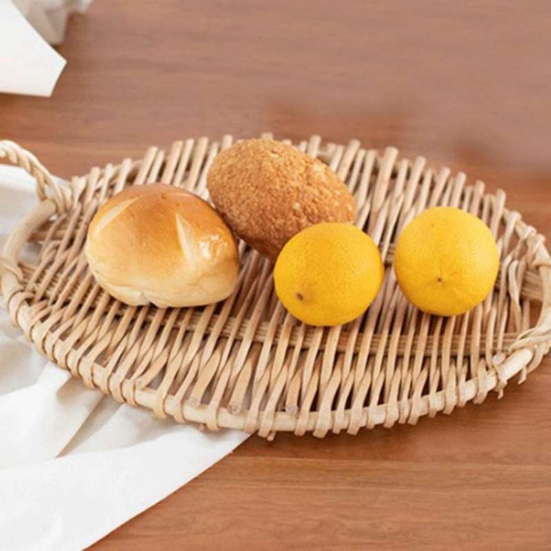 Rattan Round Fruit Tray with Handle Breakfast Table Storage Basket