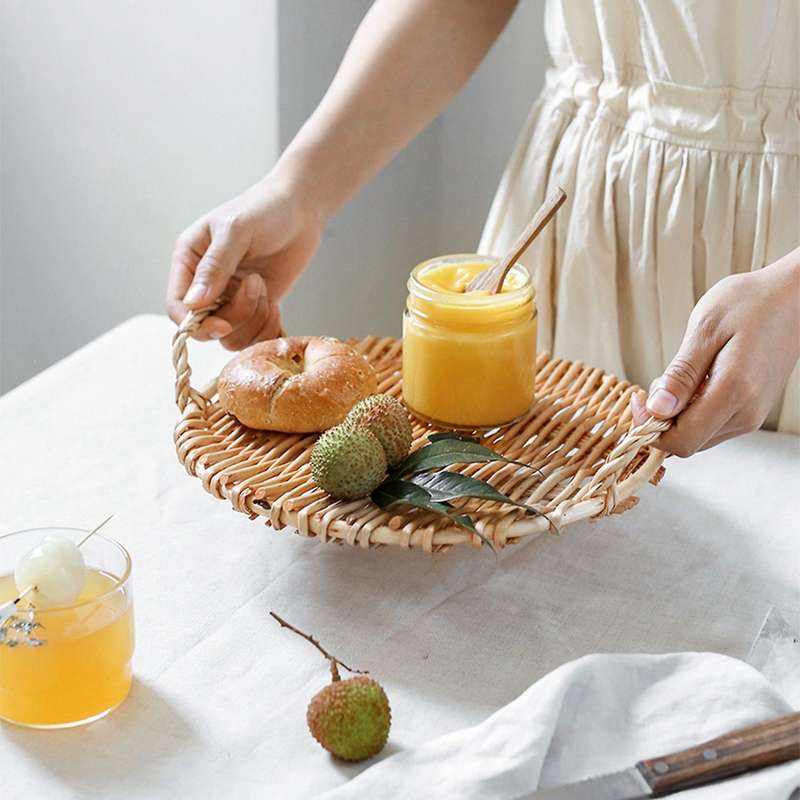 Rattan Round Fruit Tray with Handle Breakfast Table Storage Basket