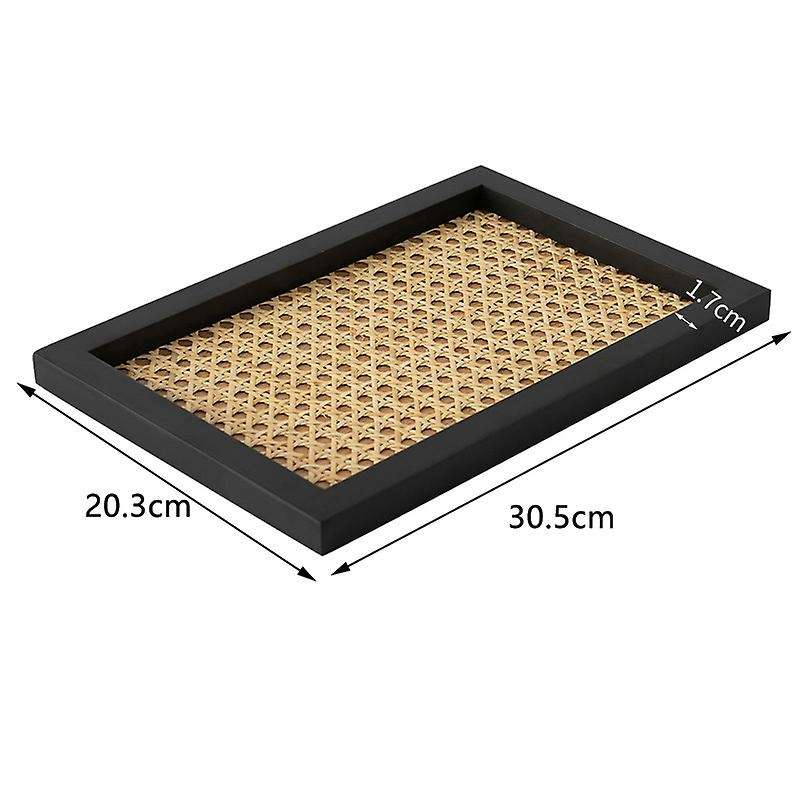 Home Nordic Rattan Woven Tray Wooden Handmade Ins-rectangular Black