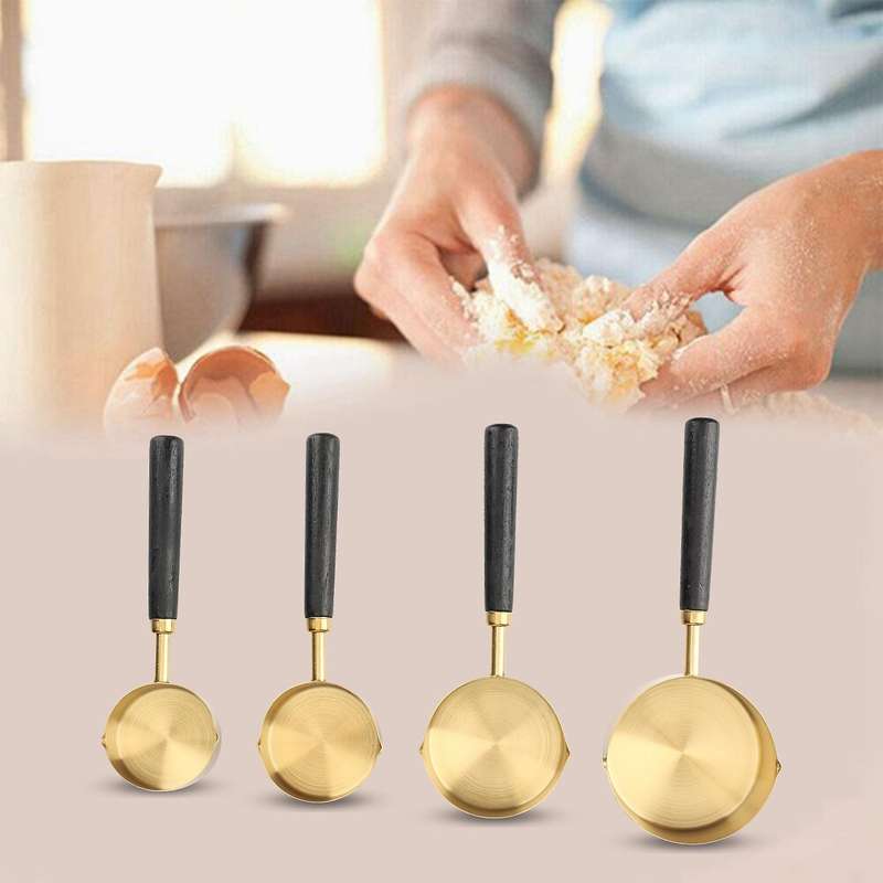 Kitchen Measuring Tool Plating Cups Spoon Walnut Wooden Handle Gold A