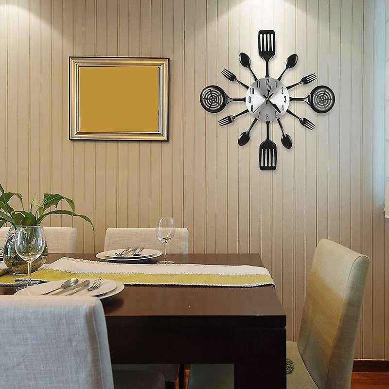 16 Inch Large Kitchen Wall Clocks with Spoons and Forks(black)