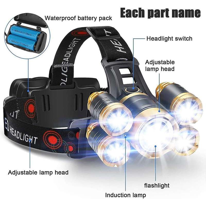Flashlight, 5led Headlight, Usb Headlight,perfect for Camping,running