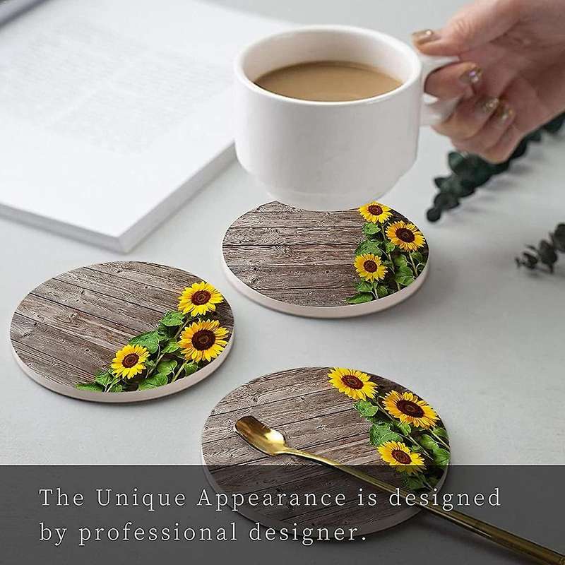 Sunflowers Coasters for Drinks, Coaster with Holder,with Cork Base