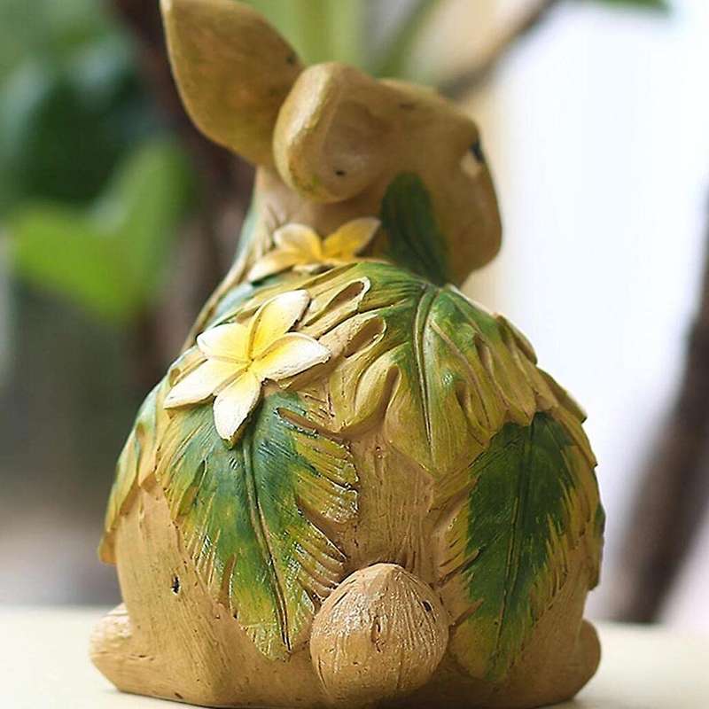 Garden Animal Figurine Rabbit with Leaves and Flowers, Outdoor