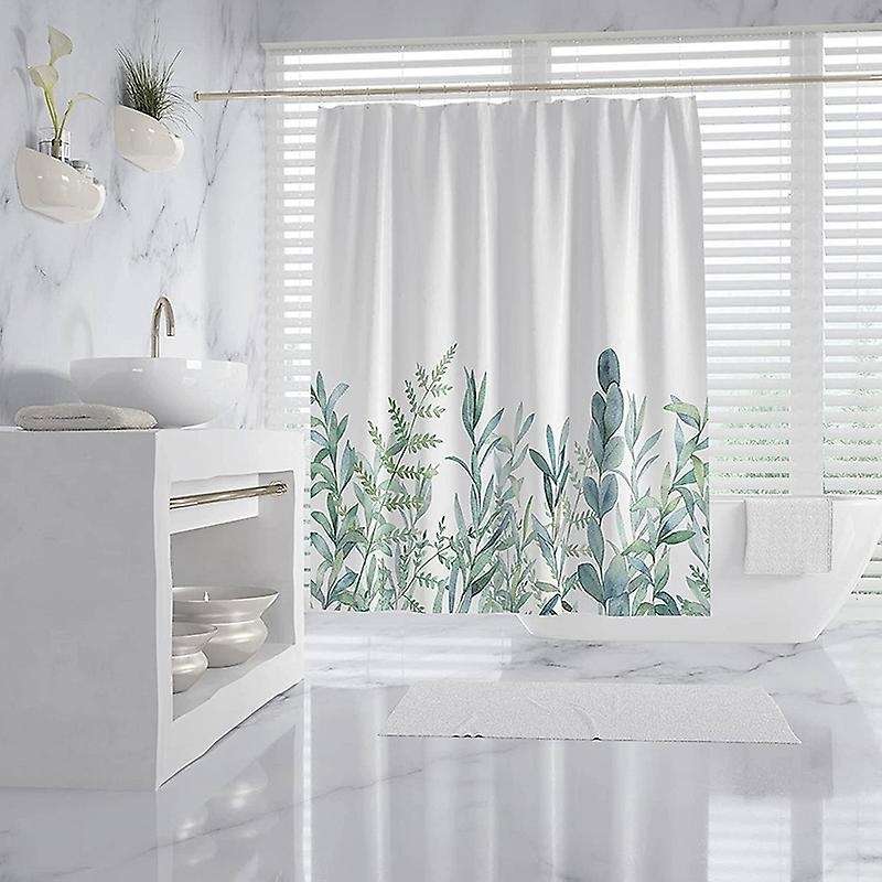 Fabric Shower Curtain Curtains with Hooks Green Eucalyptus Watercolor