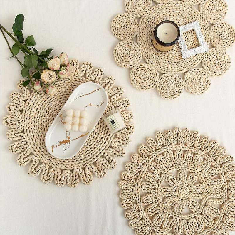 3pcs Corn Fur Woven Dining Table Mat Heat Insulation Round Coasters