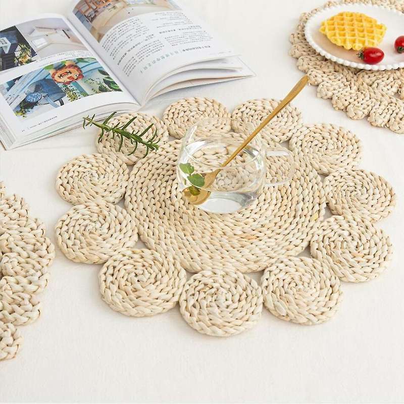 3pcs Corn Fur Woven Dining Table Mat Heat Insulation Round Coasters
