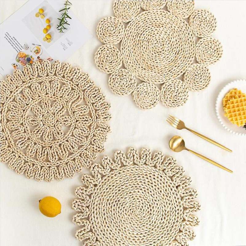 3pcs Corn Fur Woven Dining Table Mat Heat Insulation Round Coasters