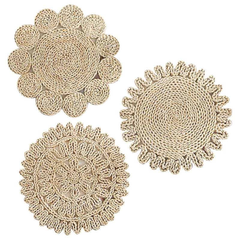 3pcs Corn Fur Woven Dining Table Mat Heat Insulation Round Coasters