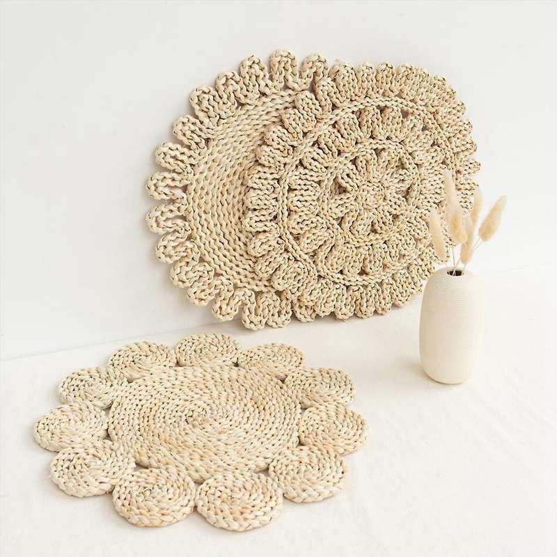 3pcs Corn Fur Woven Dining Table Mat Heat Insulation Round Coasters