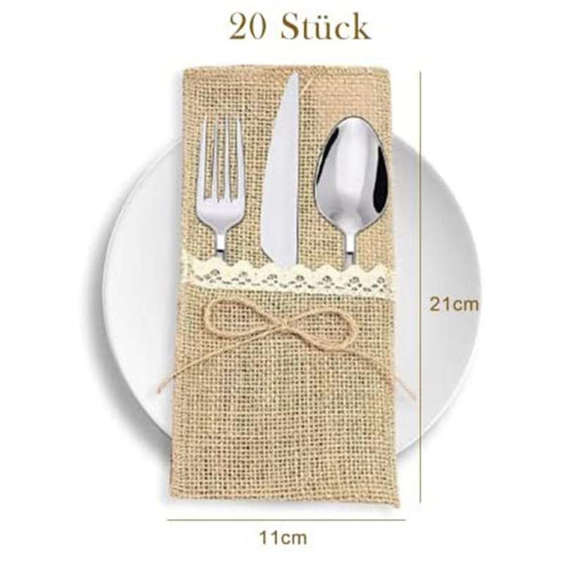 20 Pieces Of Jute Tableware Bag Linen with Lace Tableware Rack