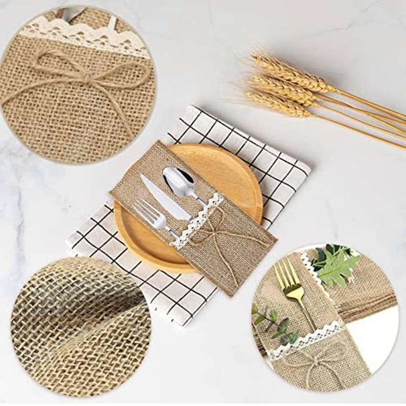 20 Pieces Of Jute Tableware Bag Linen with Lace Tableware Rack